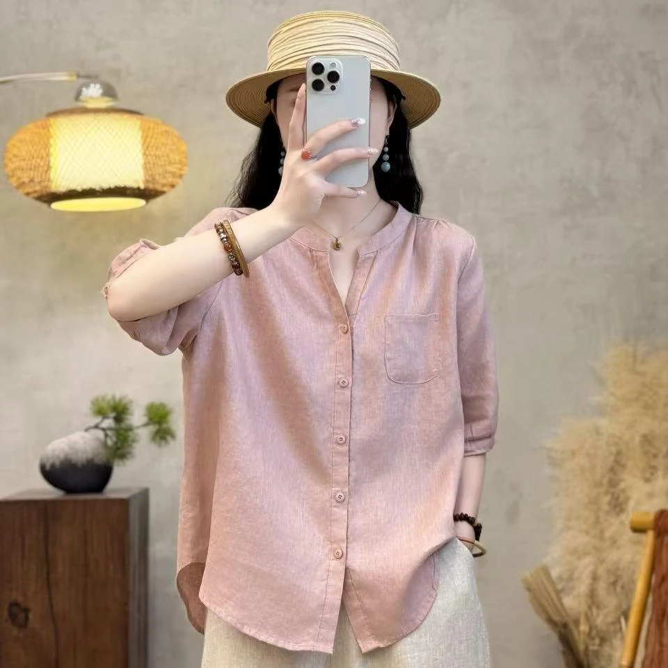 亚麻短袖净版衬衫单排扣显瘦气质小衫夏季新款宽松百搭开衫女