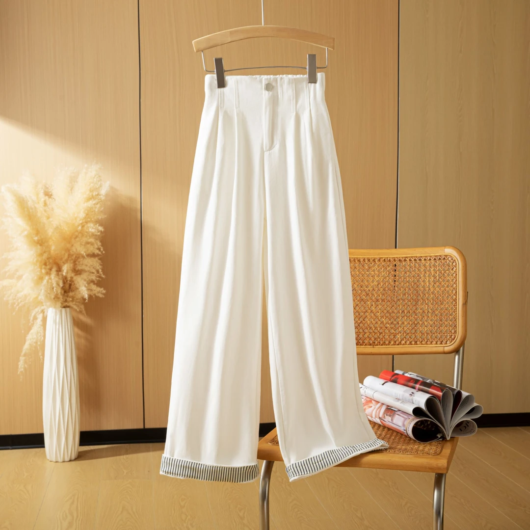 【纯棉】设计感条纹翻卷边阔腿裤女秋季百搭显瘦复古宽松直筒休闲裤