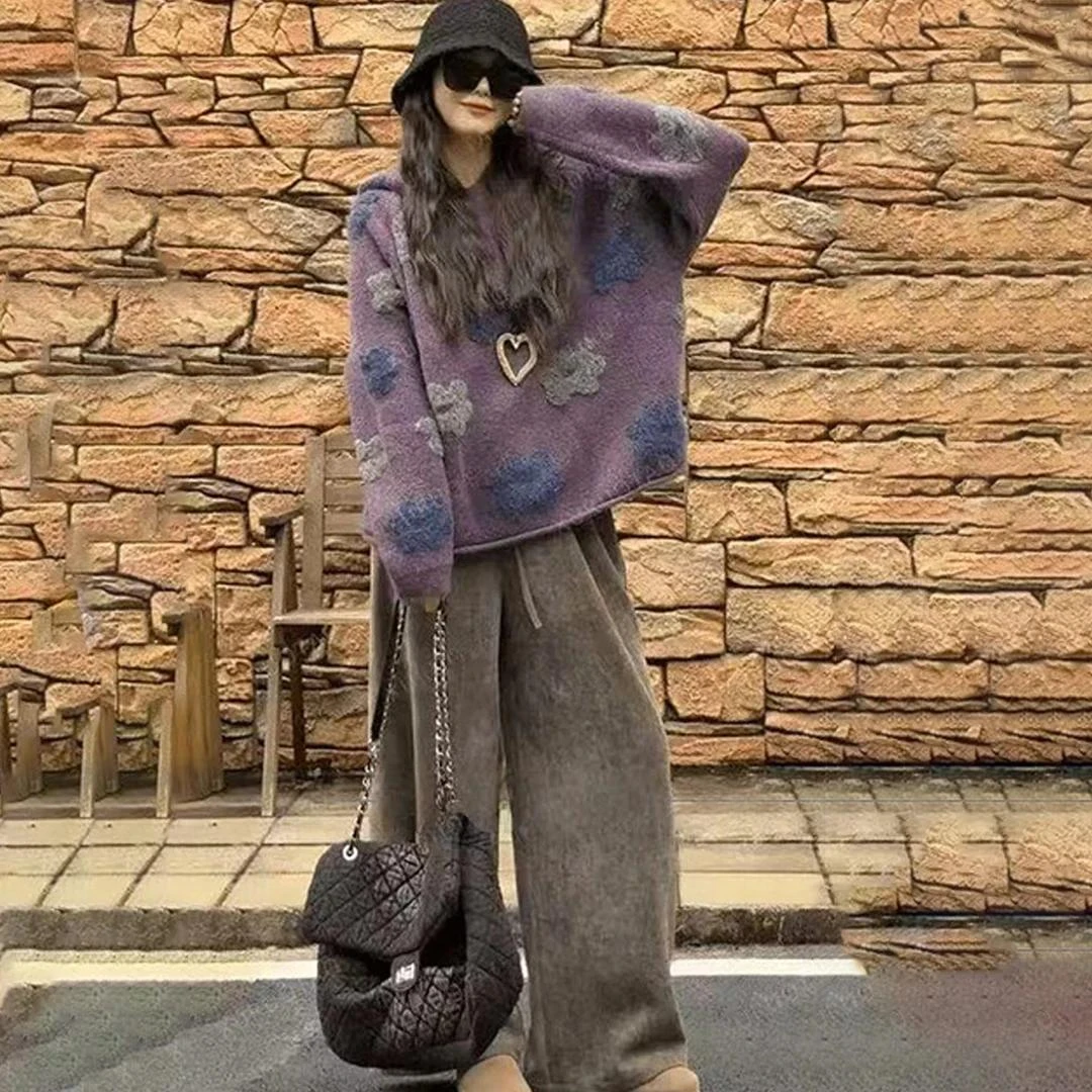 时尚气质套装女绒感花朵刺绣设计时尚紫色毛衣