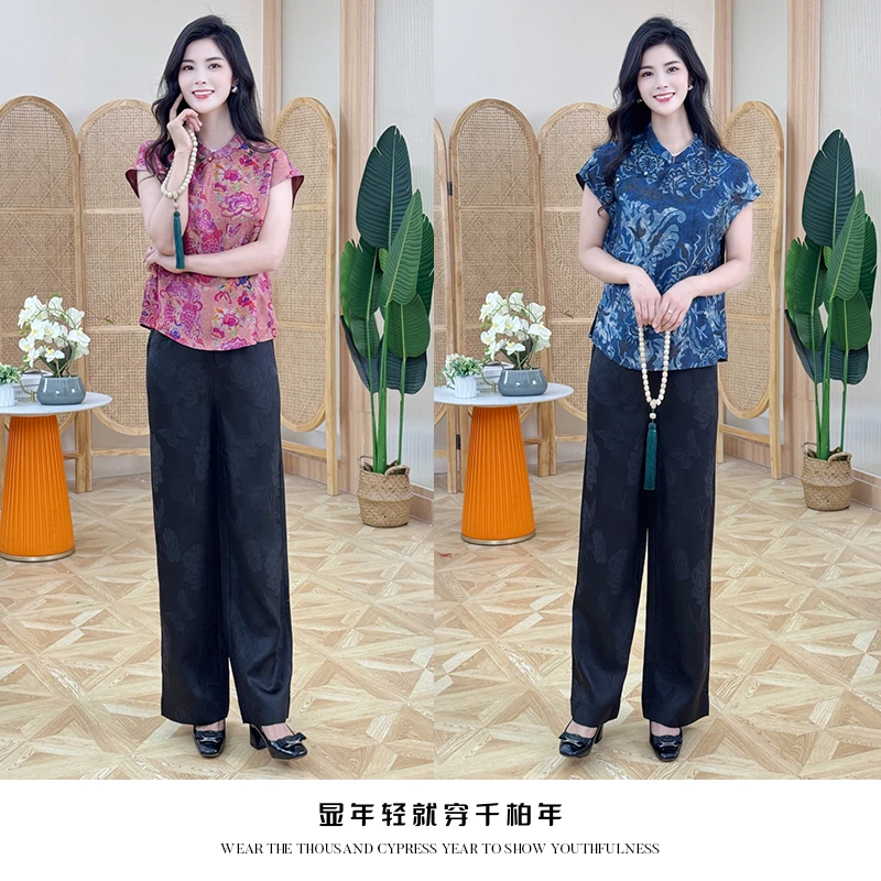 千柏年【中华瑰宝-青花锦鲤】国风非遗花萝双面印花斜襟T恤-C2885