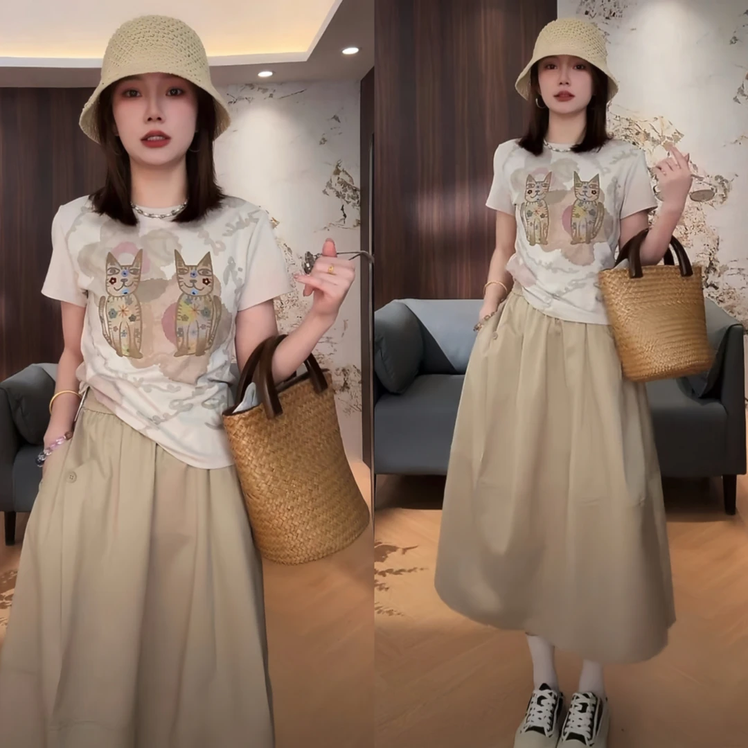 2025时尚夏季新款时尚休闲复古印花T恤+半身裙两件套减龄套装时髦