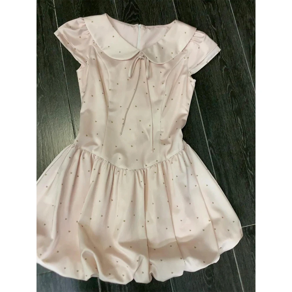 法式蝴蝶结系带短袖连衣裙女2025夏季新款收腰显瘦别致A字短裙子