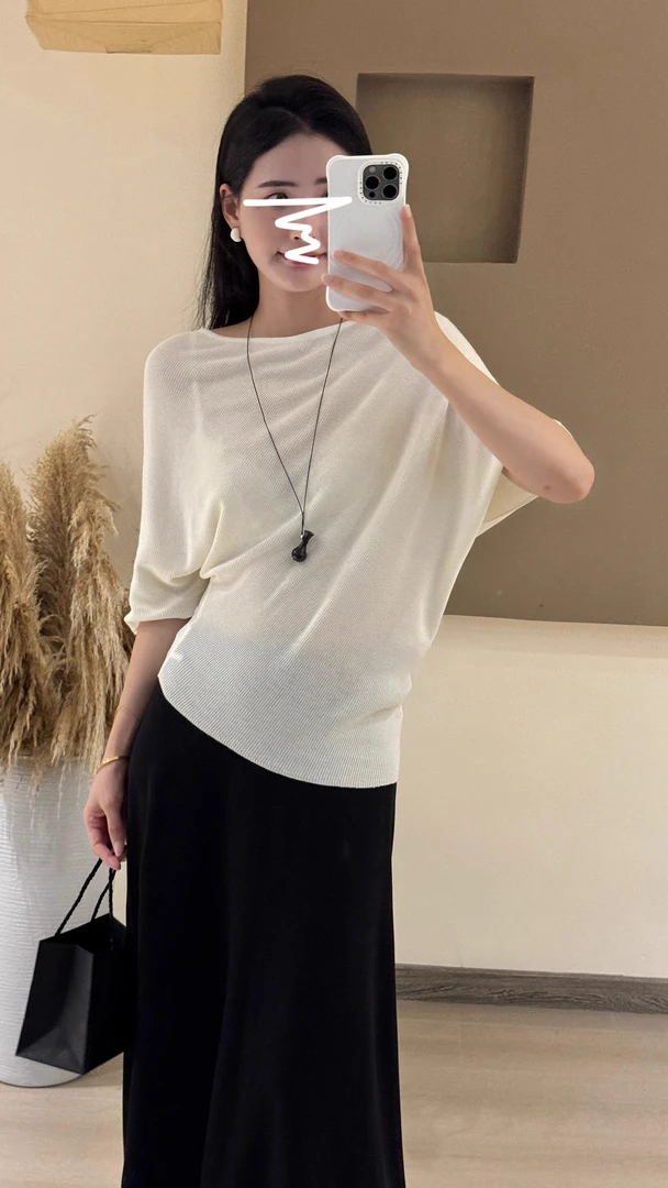 法式慵懒风套装不规则薄款透气短袖针织衫女秋季A字半身裙两件套