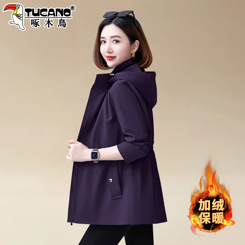 啄木鸟连帽外套2025秋季加绒加厚风衣女小个子休闲时尚夹克上衣