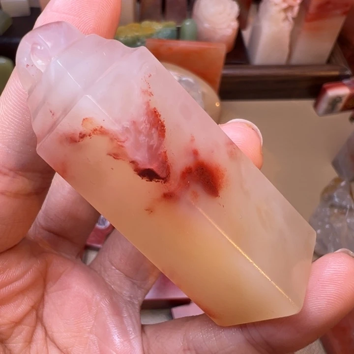 印石寿山石430号冰透如凝脂朱砂纹理如天然泼墨冰透带朱砂意境
