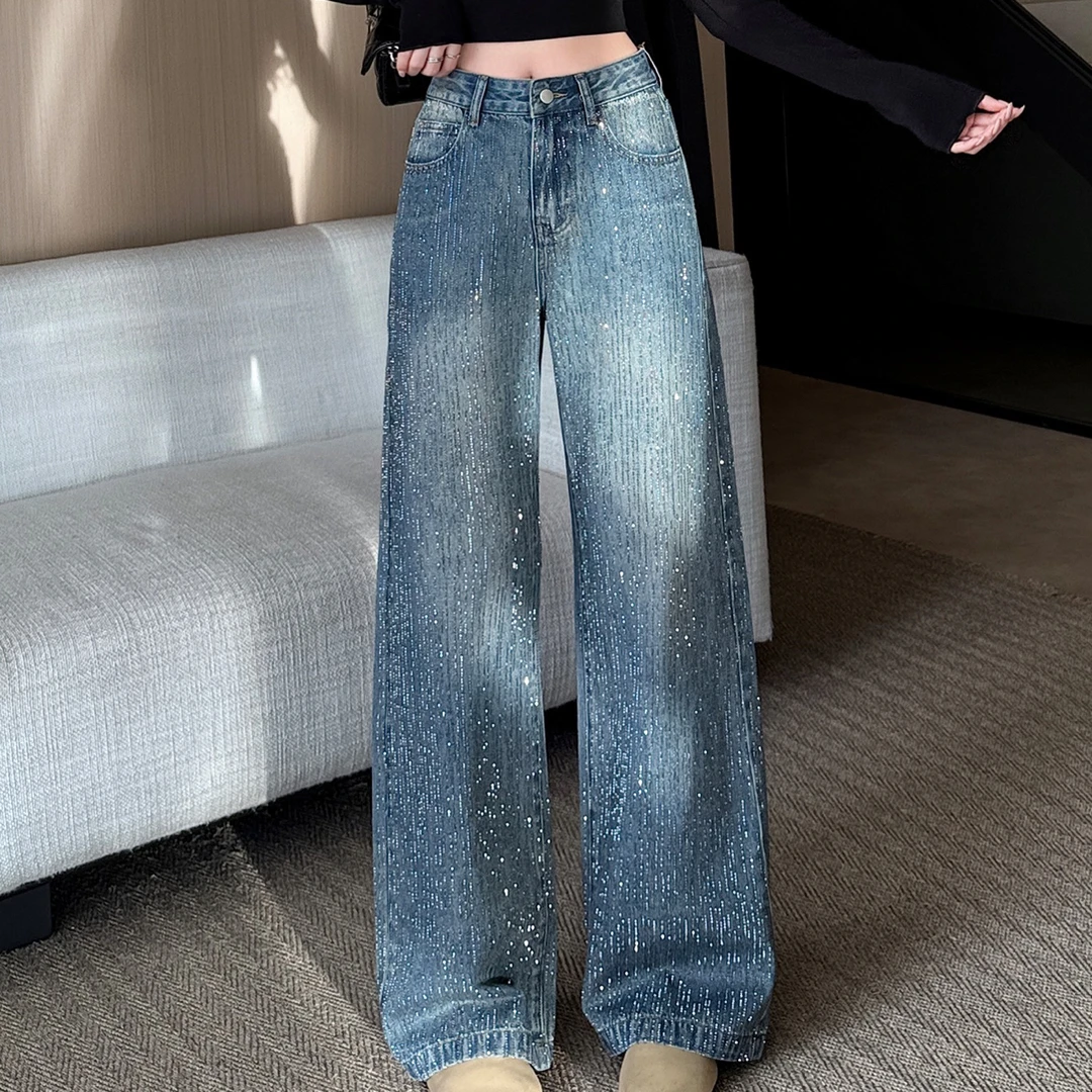 小个子定制满天星河烫钻阔腿牛仔裤女高腰宽松显瘦高级感拖地裤