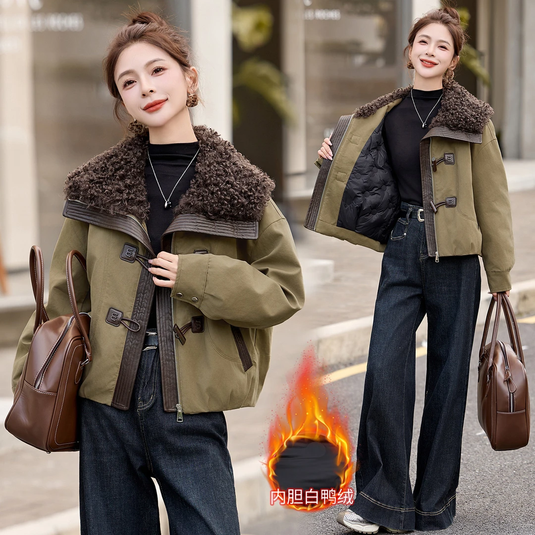 羽绒服女款爆款2025新款正品工装大翻领短款冬季加厚保暖派克服外