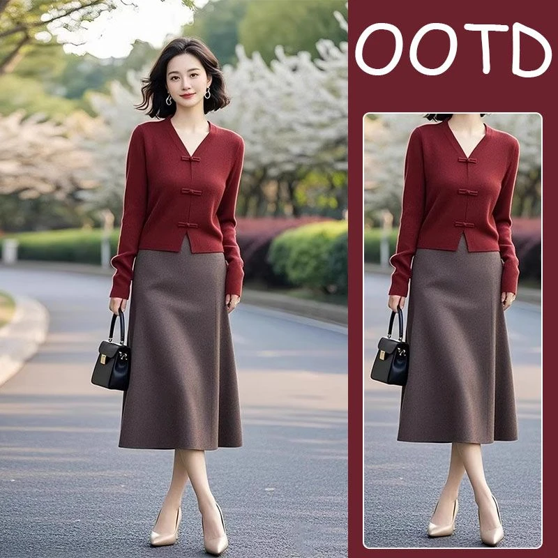 春秋新款穿搭一整套女高级感超火红色新中式国风上衣半身裙两件套