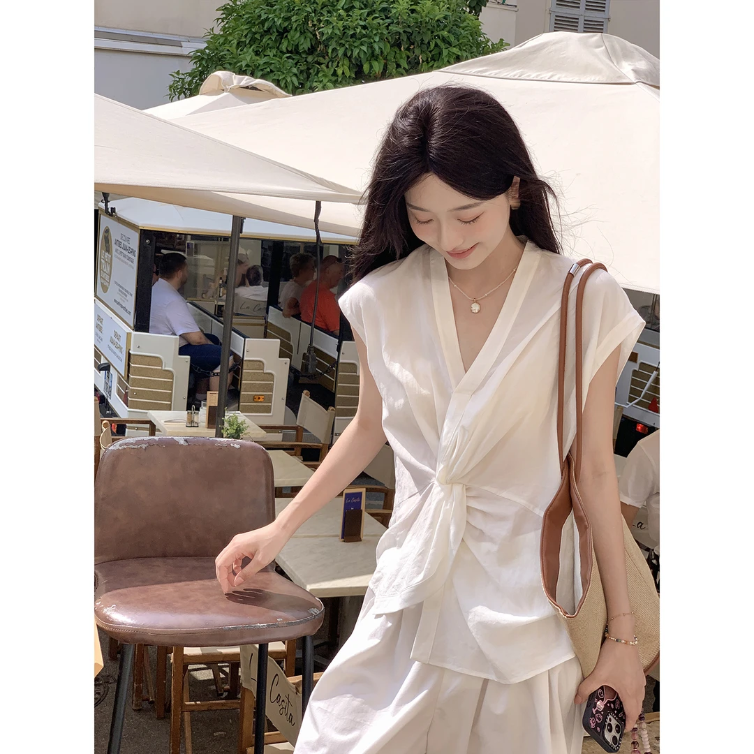 夏诗文 100%莱赛尔天丝扭结设计衬衫不规则下摆上衣女夏白色小衫