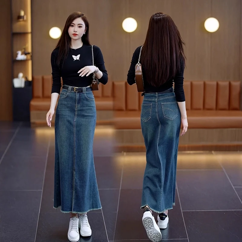 复古牛仔半身裙女包臀裙2025年秋季中长款高腰显瘦毛边鱼尾A字裙