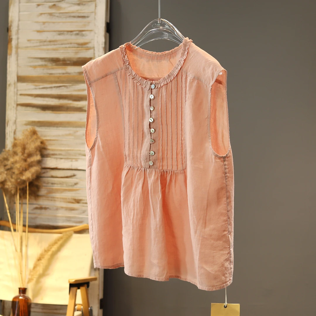 新品夏季2025时尚经典纯色百搭压褶无袖衬衣亚麻复古日系文艺衬衫