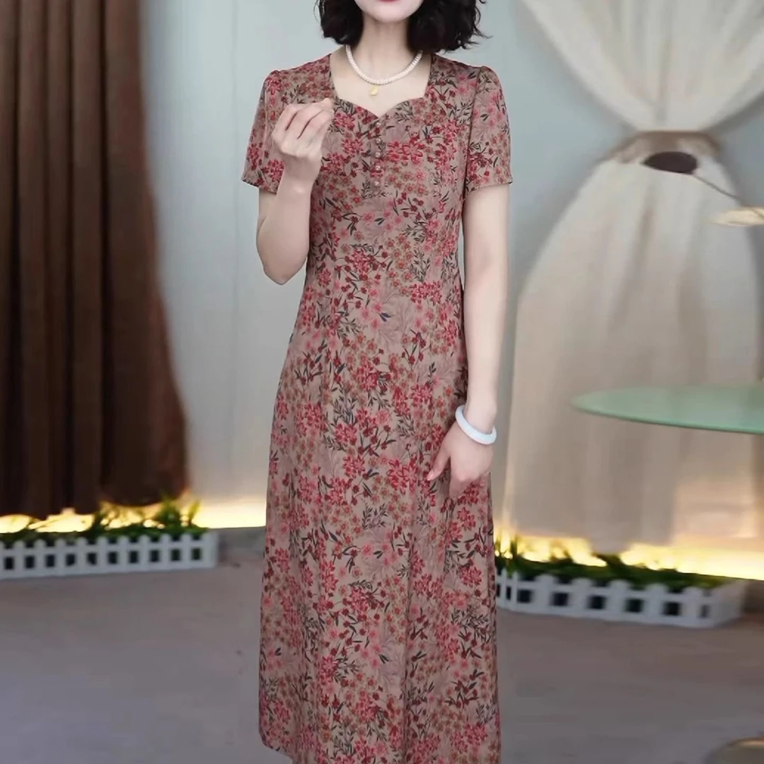 高级连衣裙冰丝四面弹时尚气质碎花礼服2025夏季新款裙子7428