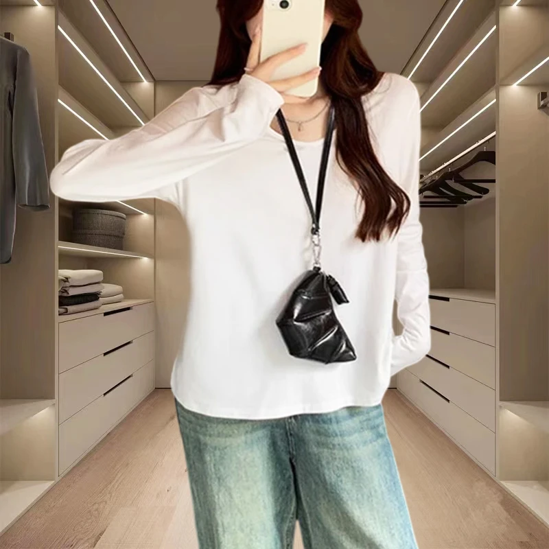 韩版修身正肩U领纯色简约长袖内搭百搭打底衫女款爆款2025款上衣