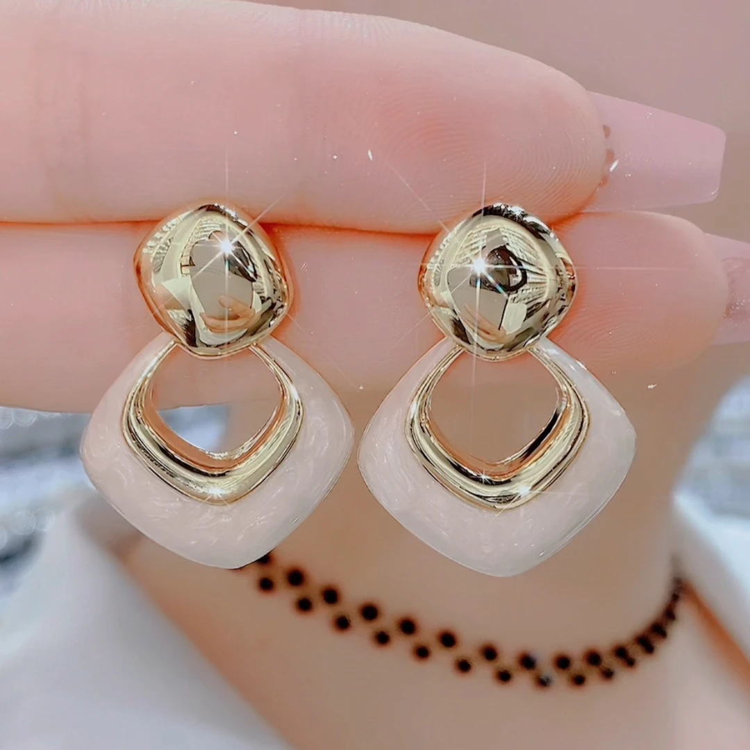 铜合金珐琅耳饰 0277日韩金色几何图案耳环小香风设计耳环