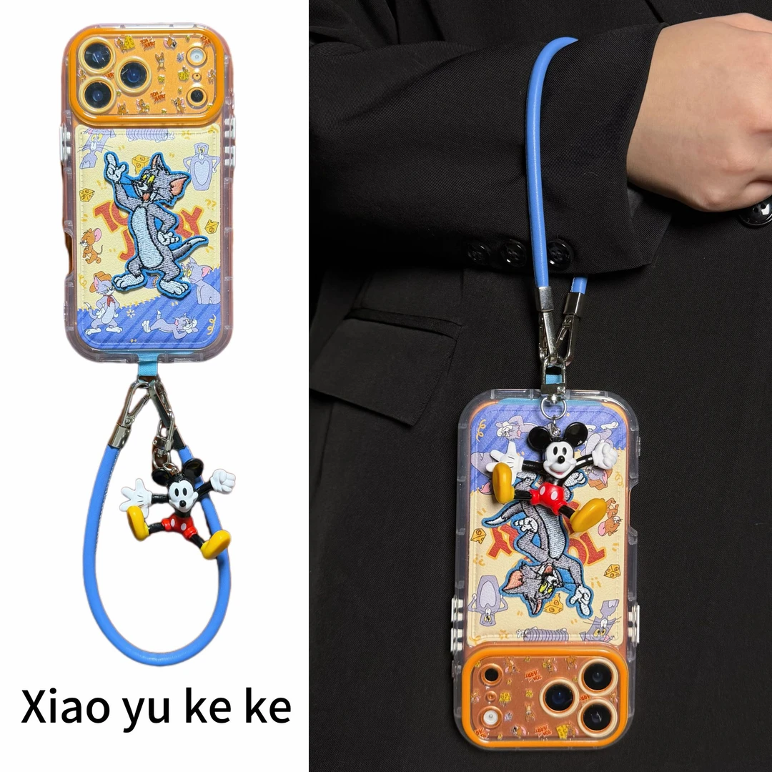 韩系黄蓝拼接刺绣汤姆适用iPhone17promax手机壳苹果16pro皮纹15