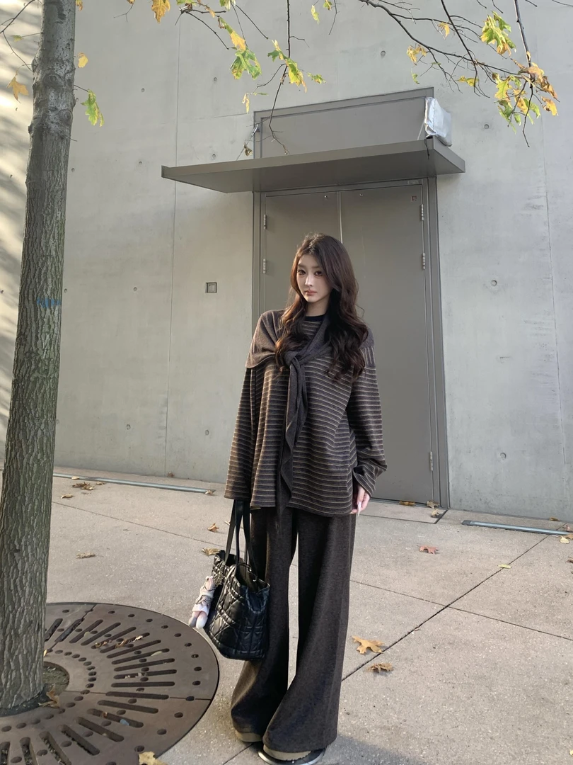 韩系慵懒风披肩条纹长袖T恤女秋季小众时髦宽松上衣休闲百搭裤子