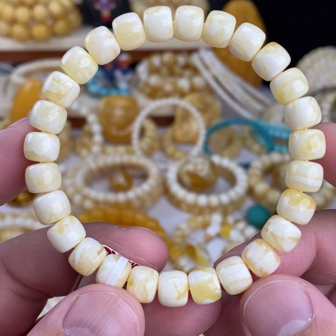 蜜蜡未镶嵌手链瓷白白底虎皮纹8.5mm