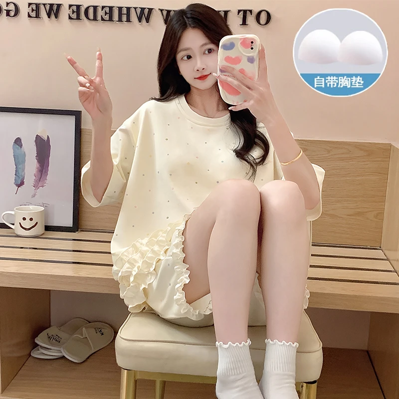 夏季薄款短袖短裤带胸垫一体睡衣女套装夏天甜美网红家居服可外穿