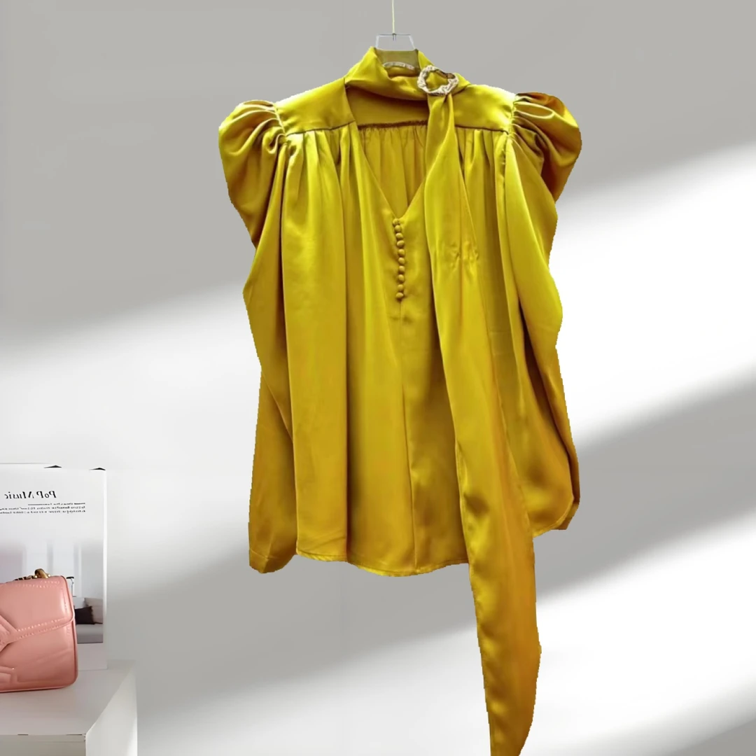 法式洋气时尚精致纽扣飘带木耳花边单排扣宽松衬衫花边领衬衣上衣