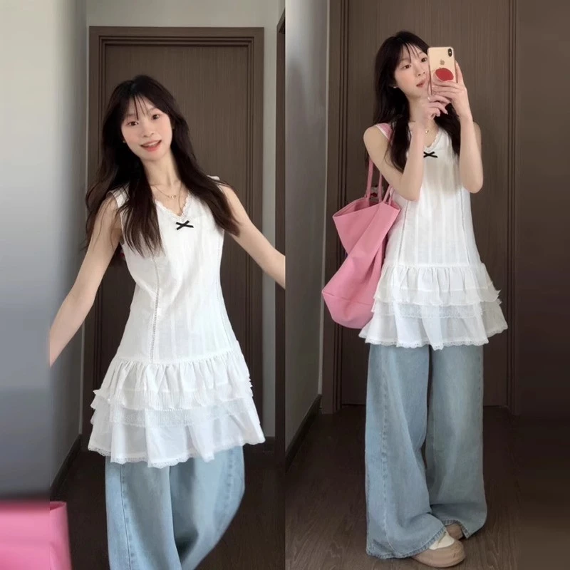 白色蕾丝花边吊带连衣裙子女夏2025新款韩系甜美叠穿无袖背心短裙