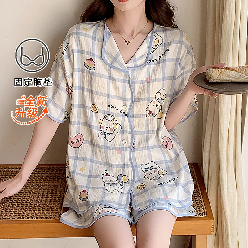 睡衣带胸垫女短袖夏季薄款云朵棉卡通格子短裤大码家居服可外穿