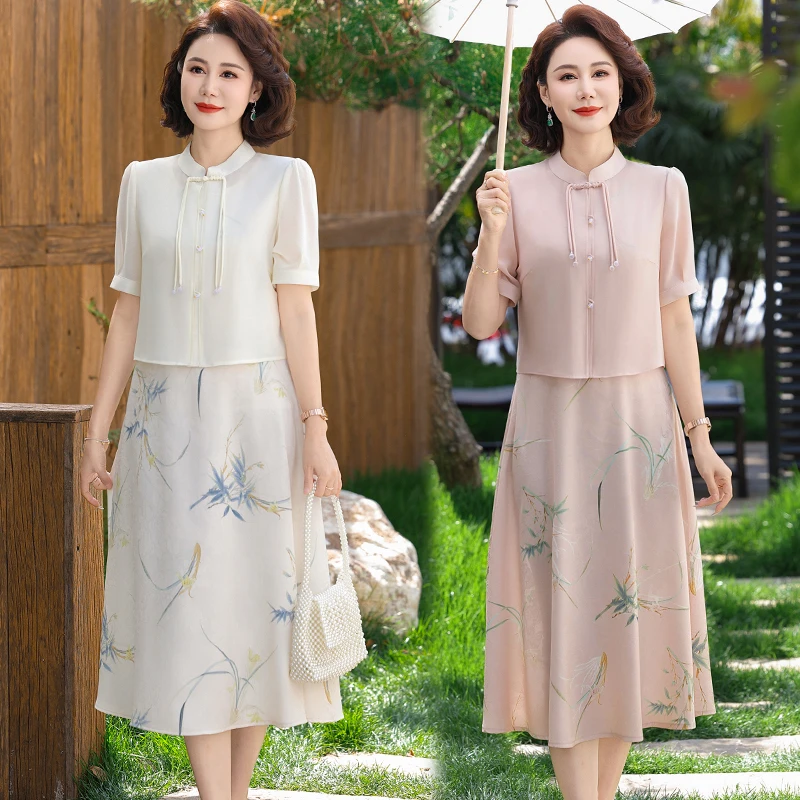 2025新款妈妈女士连衣裙套装夏季新中式国风中老年雪纺裙子两件套