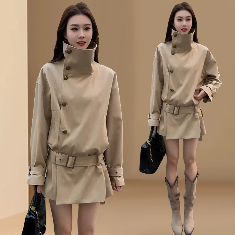 今年流行英伦风复古气质高级感系带收腰短风衣设计感立领外套女