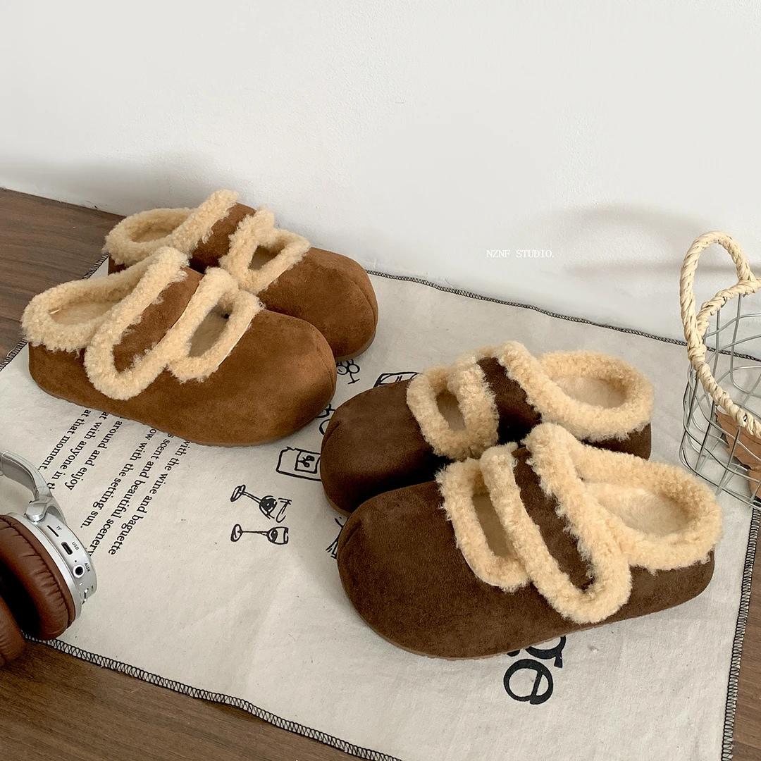 复古加绒防滑厚底半拖勃肯鞋女2025新款冬季外穿增高毛毛棉拖鞋子