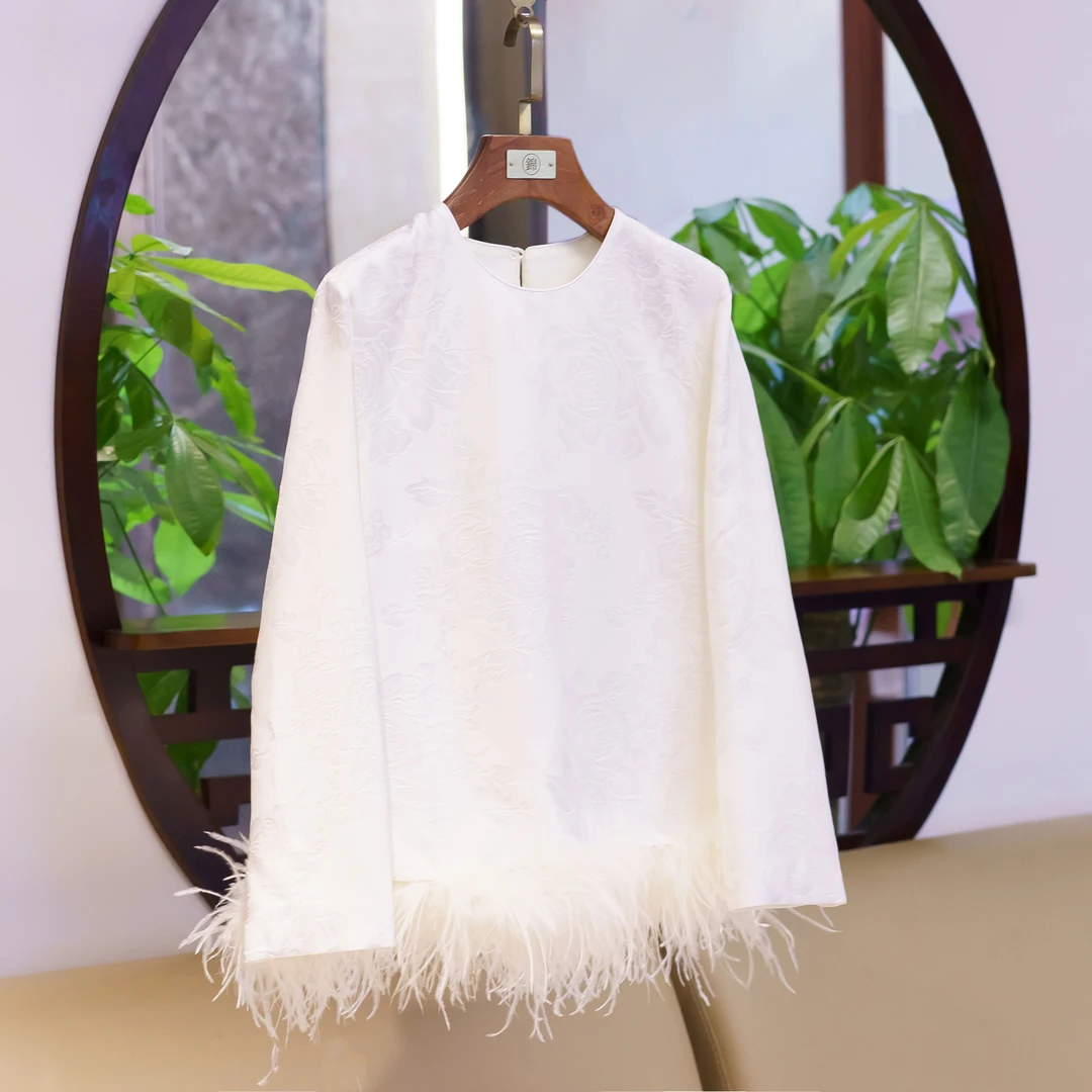 【锦系~新款】丝毛提花拼鸵鸟毛新中式国风桑蚕丝外套-E-382524