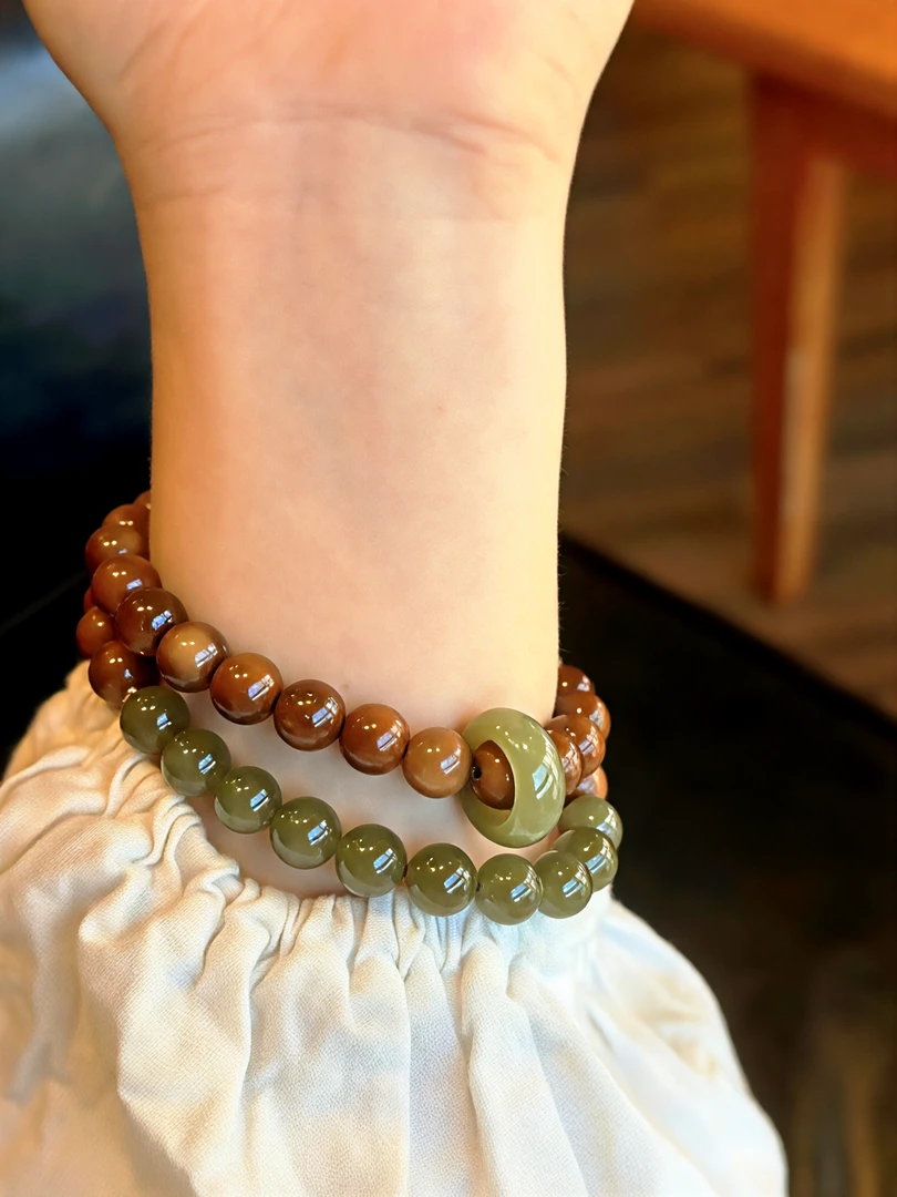 天然高抛库克手串圆珠和田玉晴水跑环菩提文玩新中式木质手串手链