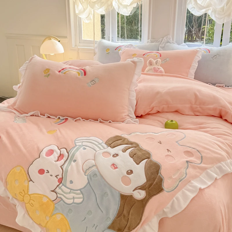 公主风冬季牛奶绒四件套卡通可爱少女加厚保暖珊瑚绒床上用品粉色