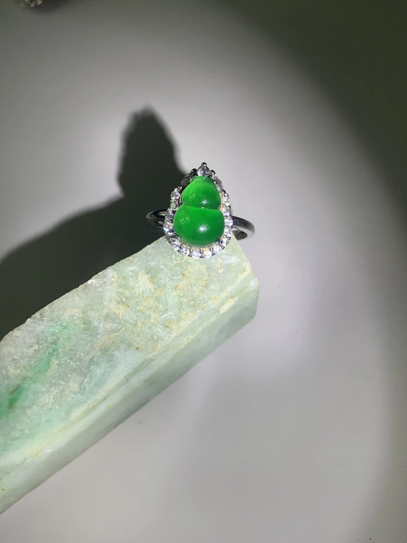 天然a货翡翠冰种满色葫芦戒指s925