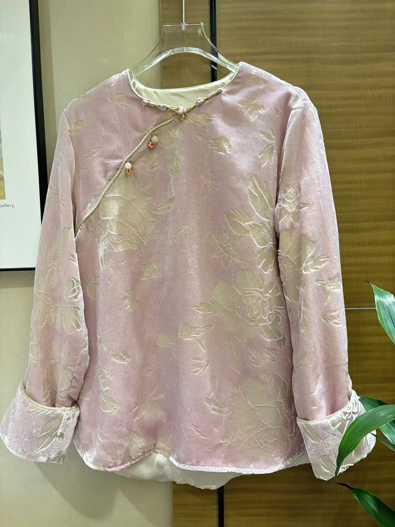 CHIC FAIRY 【花粉】 国风中式烧花斜襟真丝丝绒上衣