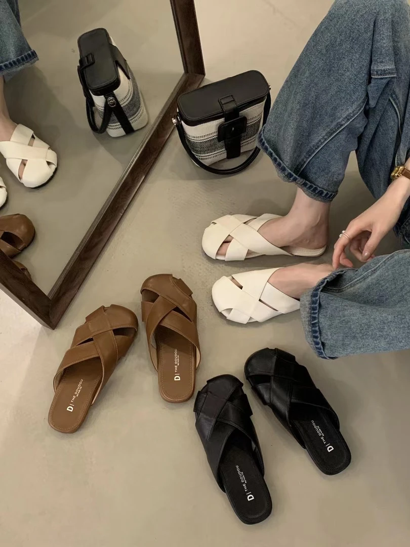 D139-1 平底包头半拖女鞋外穿2025年新款春夏季编织懒人凉拖凉鞋