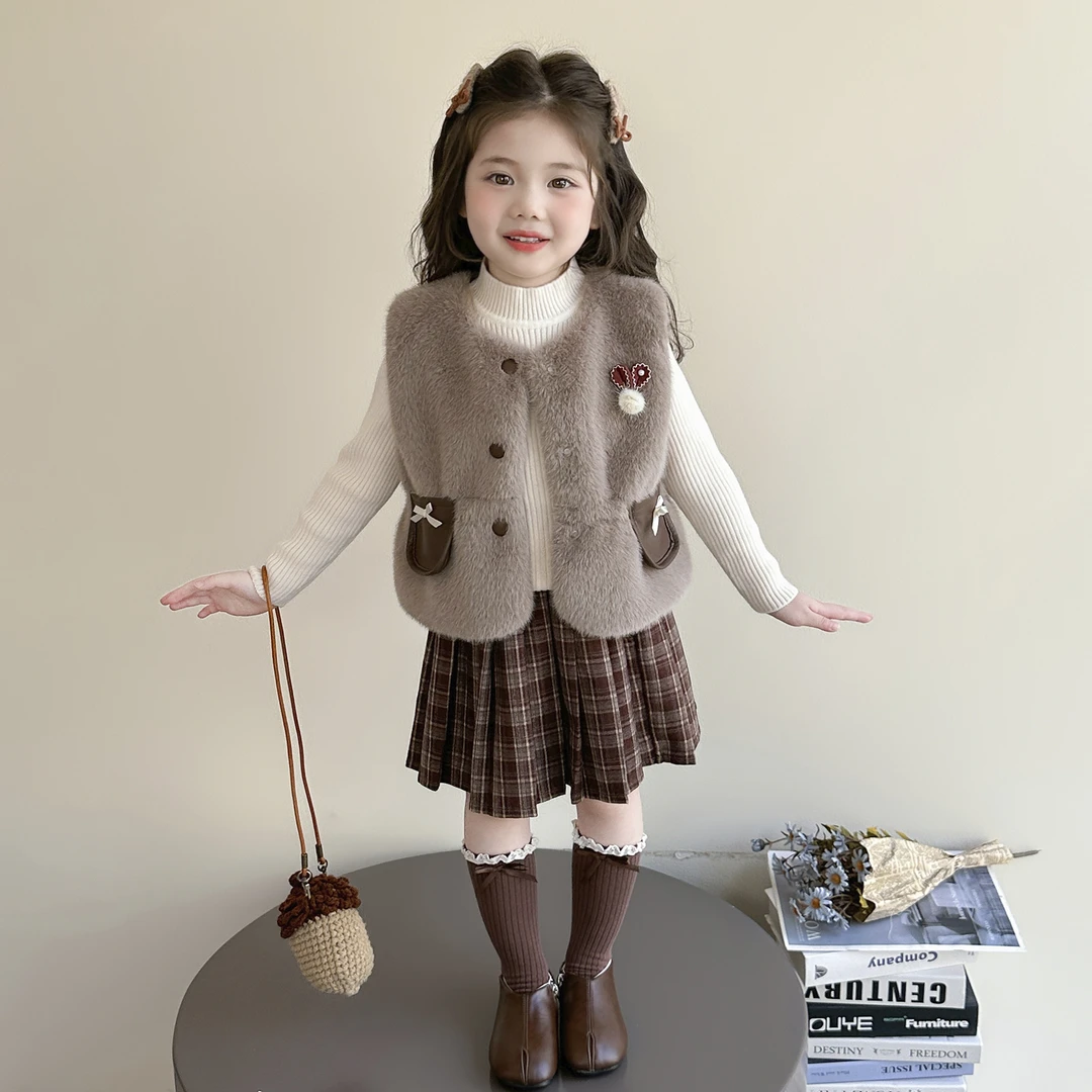 女童毛马甲套装2025新款儿童秋冬装韩版洋气宝宝秋季小香风三件套