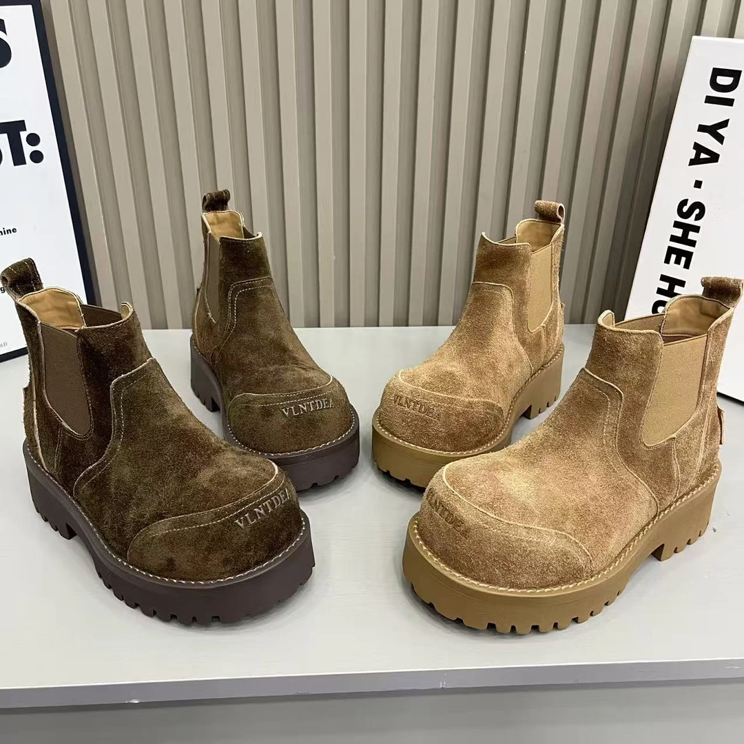 欧货2025秋季新款厚底增高大头马丁靴女磨砂时尚复古切尔西短靴子