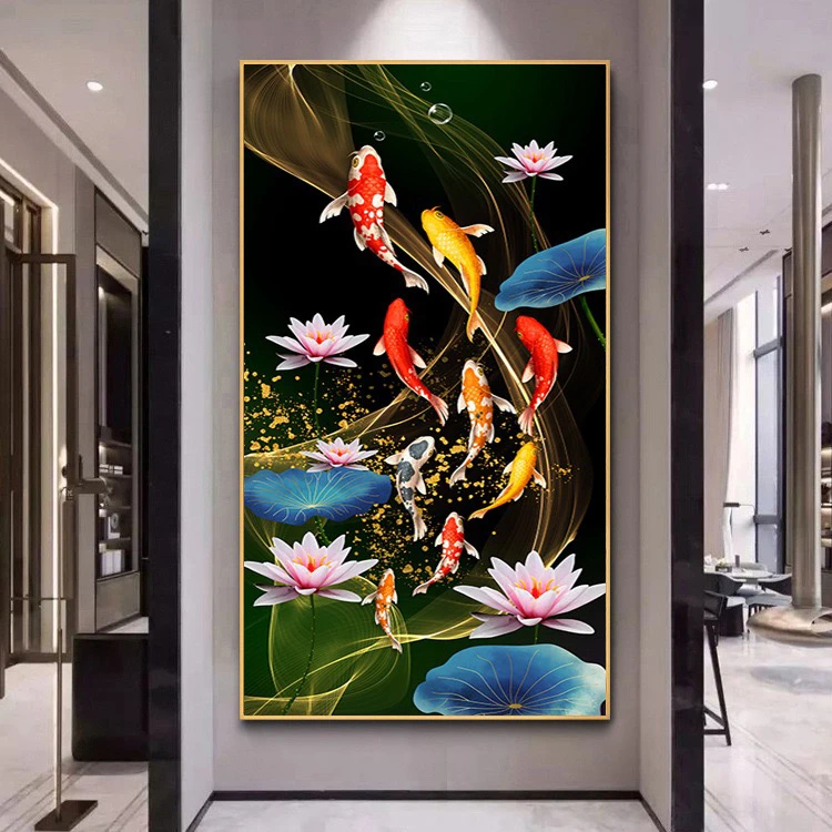 荷花九鱼图钻石画满钻九鱼聚财连年有余玄关客厅装饰画手工diy点