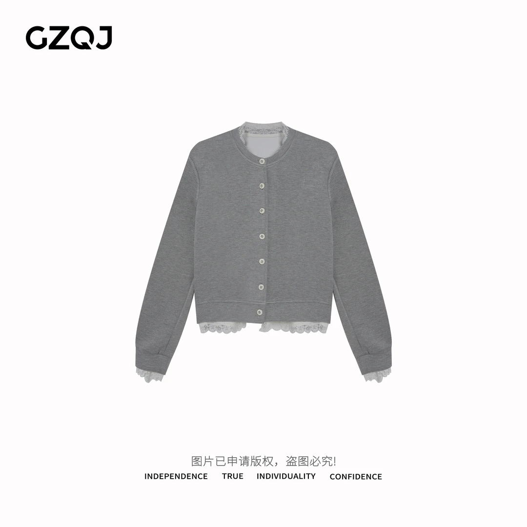 广州琴姐【柔织云端】时尚休闲蕾丝拼接假两件长袖外套女士春季0738