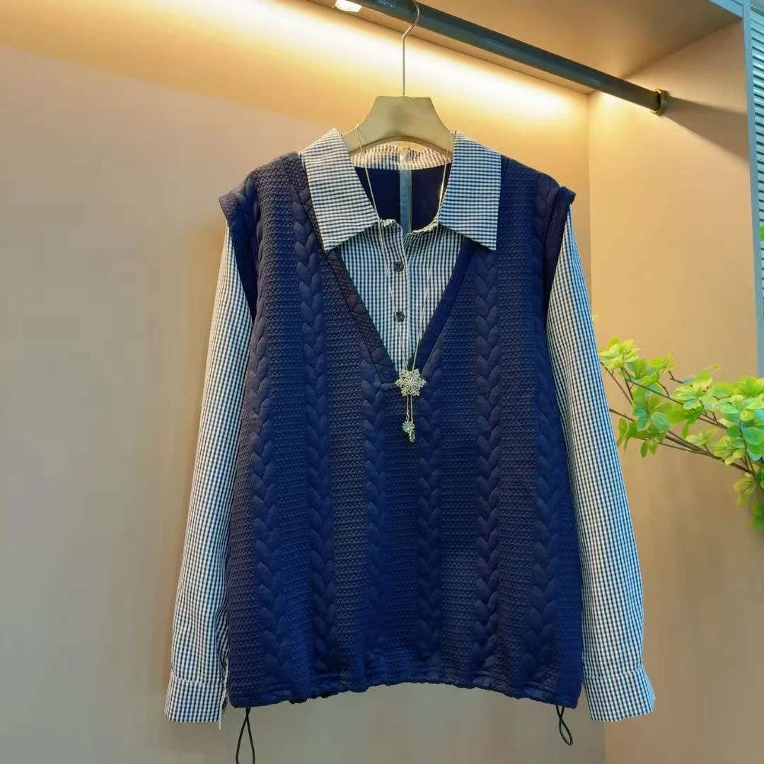 新款洋气格子翻领时尚宽松显瘦百搭抽绳假两件上衣（衣长67左右）