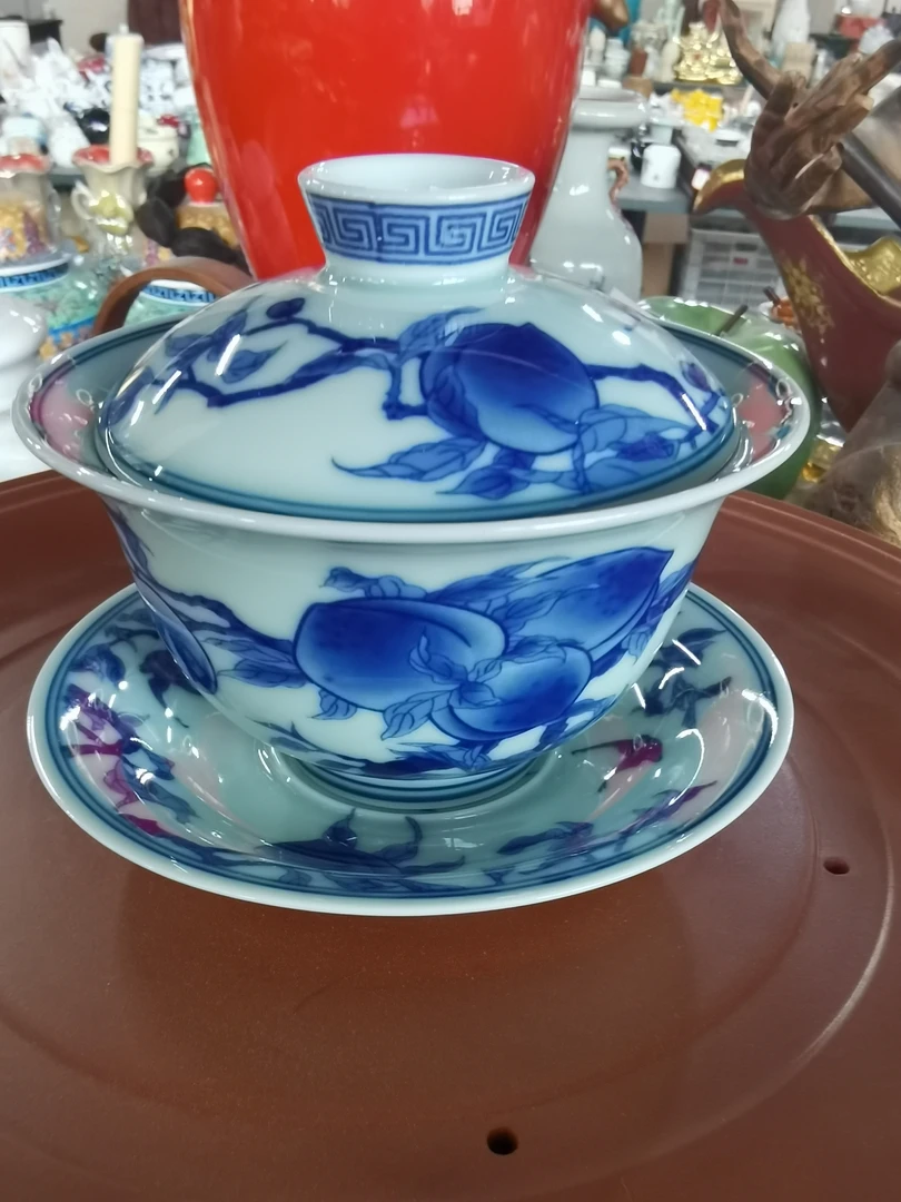 卓福青花九桃悬停三才盖碗