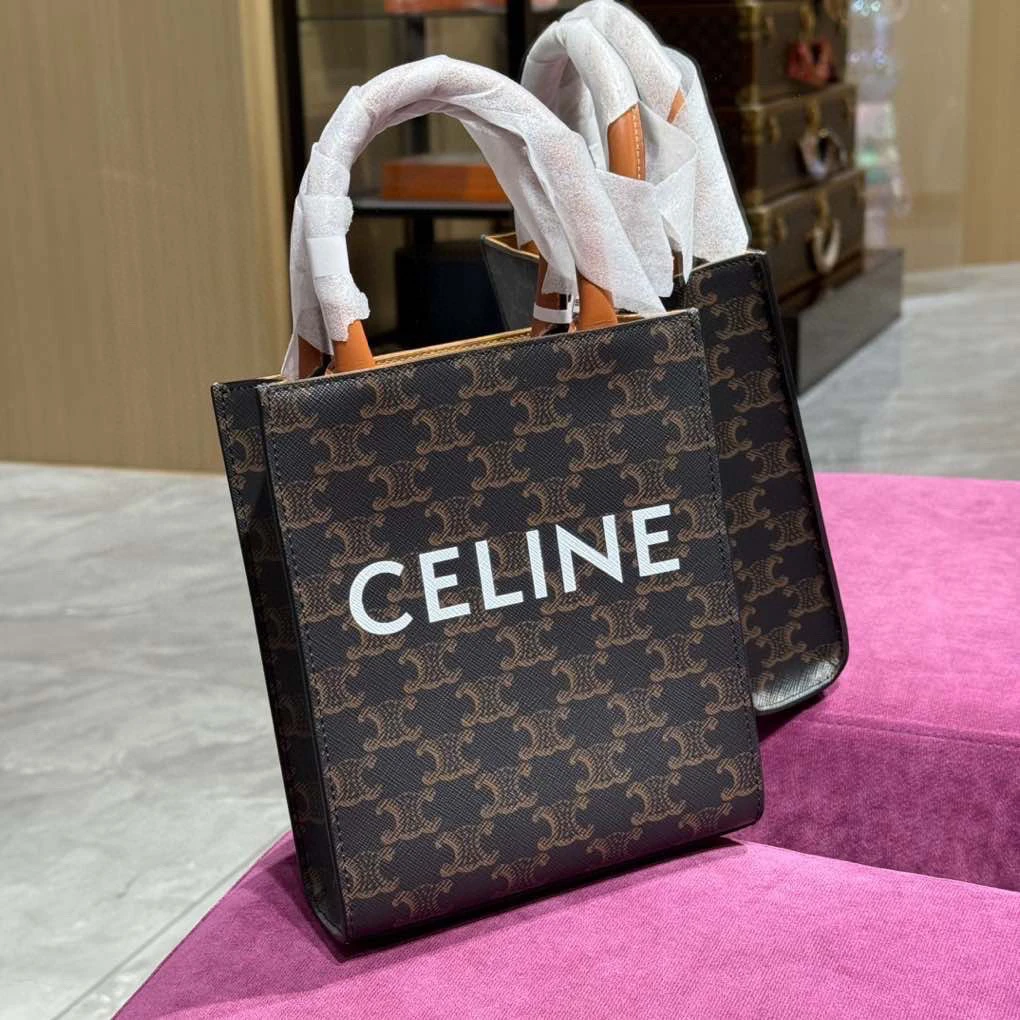 99新 Celine/思琳 棕色凯旋门老花mini tote琴谱包