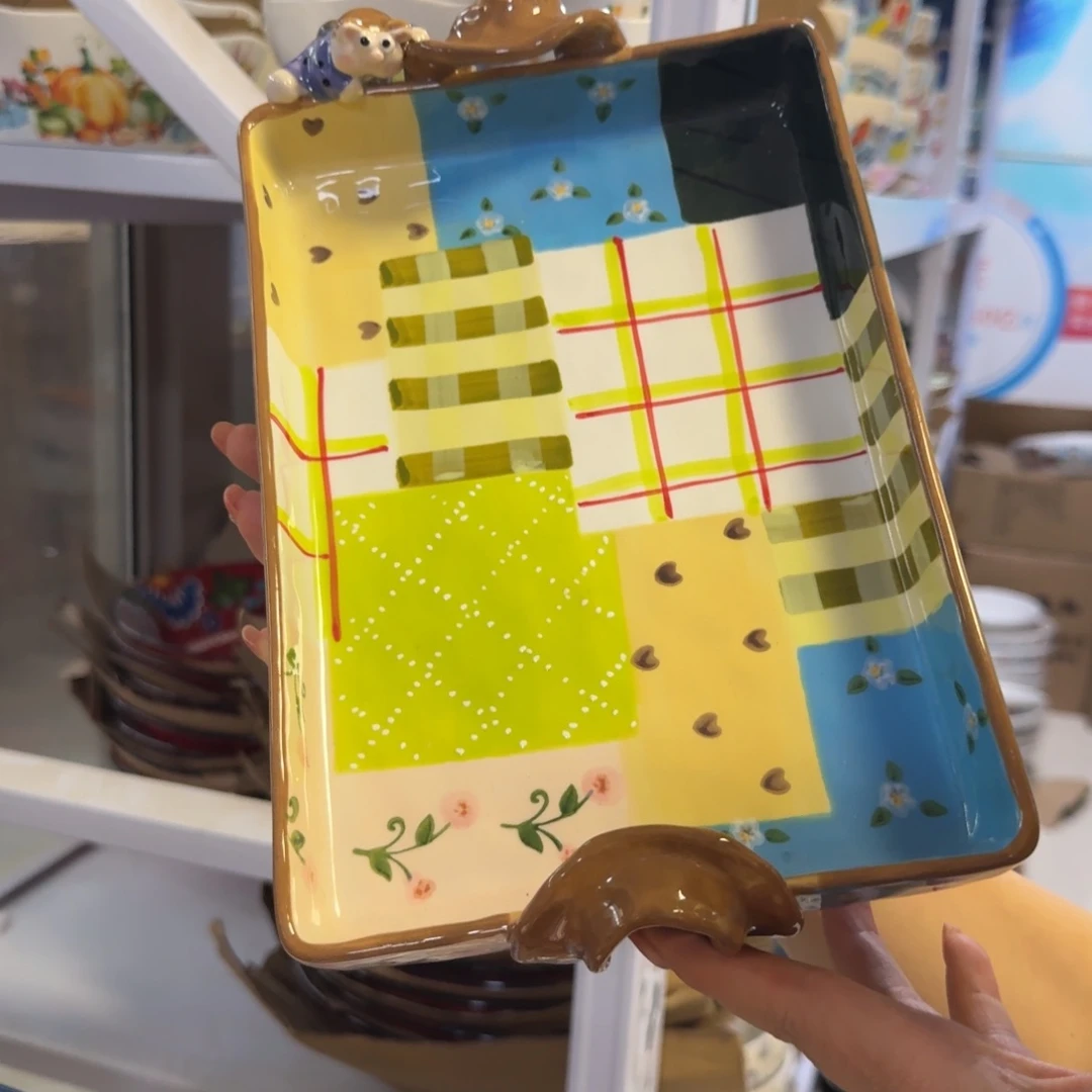 陶瓷外贸绿色拼布兔双耳烤盘1只