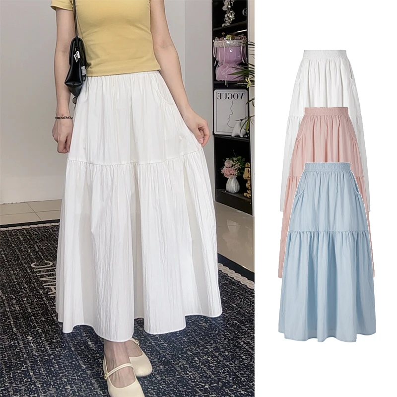 A字松紧带极简风口袋高腰长裙半身裙垂感时尚褶皱大摆百搭显瘦