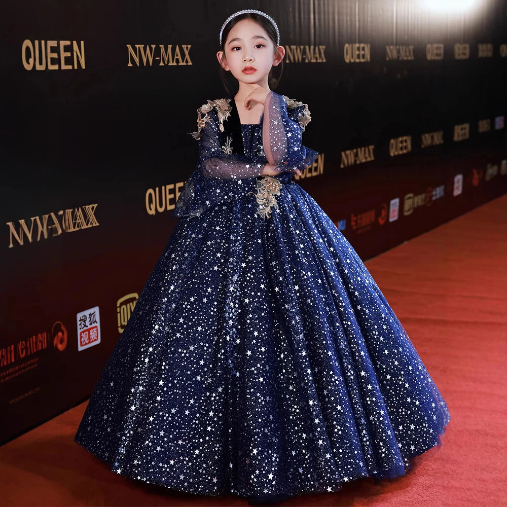 儿童大码主持人礼服女童走秀花童生日蓬蓬纱儿童公主裙钢琴演奏服