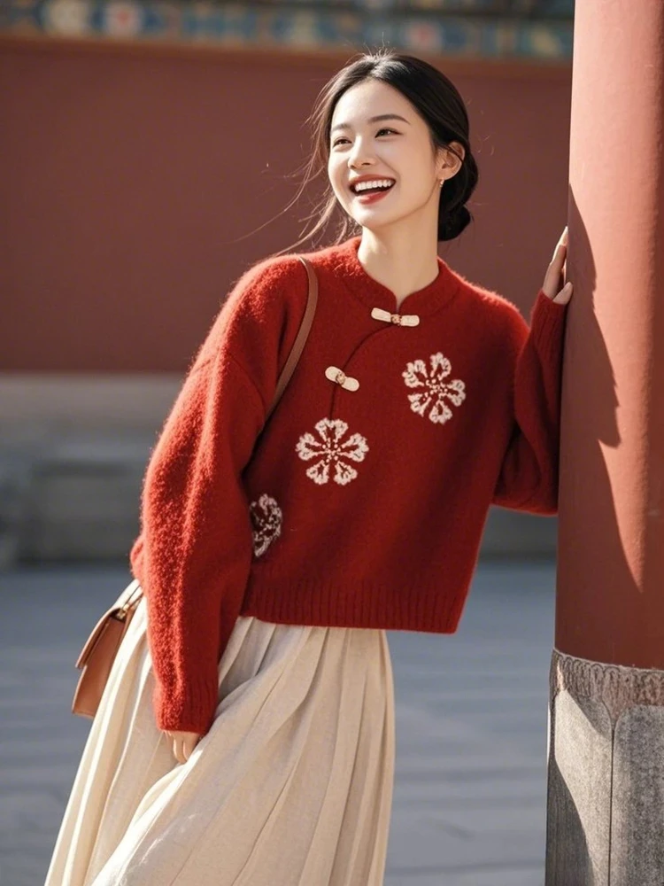 今年流行新中式国风盘扣新年红色毛衣女冬小个子高级感超好看上衣