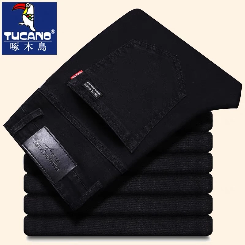 啄木鸟黑色牛仔裤男秋冬厚款弹力直筒宽松商务休闲2025新款长裤男