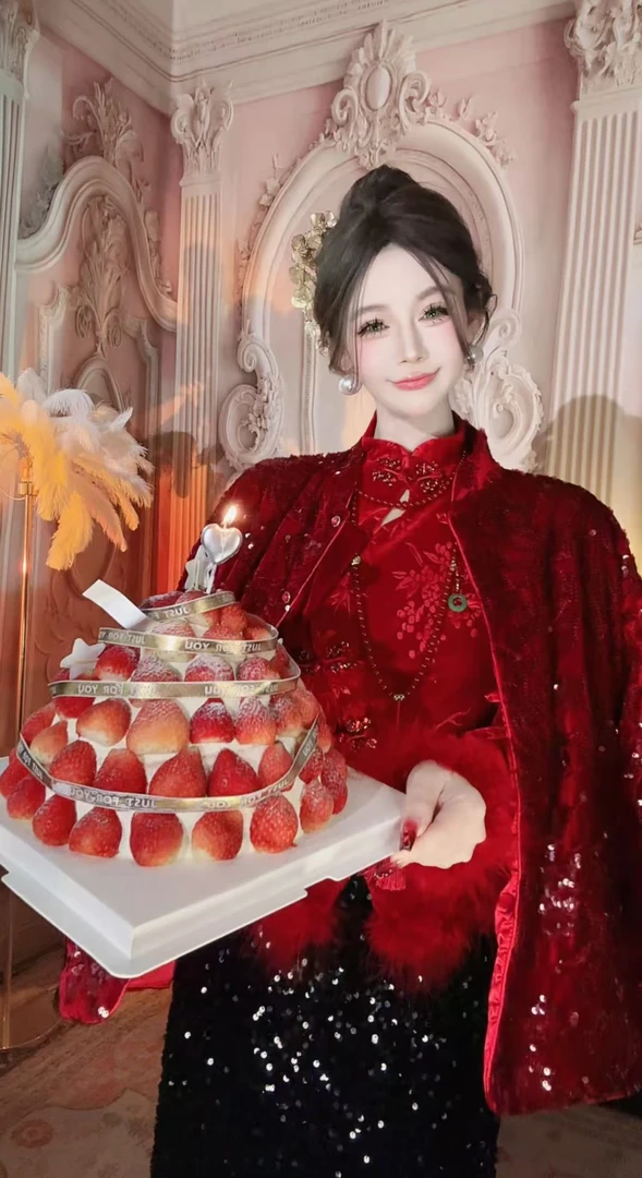 【崔】赤锦华裳 W0215亮片立领上衣红色中国风长款冬季唐装加厚中式