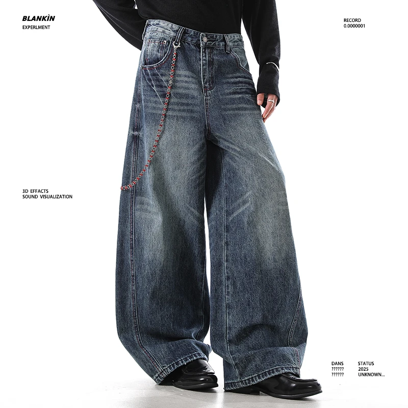 BLANKIN 美式复古水洗废土风解构弯刀牛仔裤男女宽松直筒拖地裤子