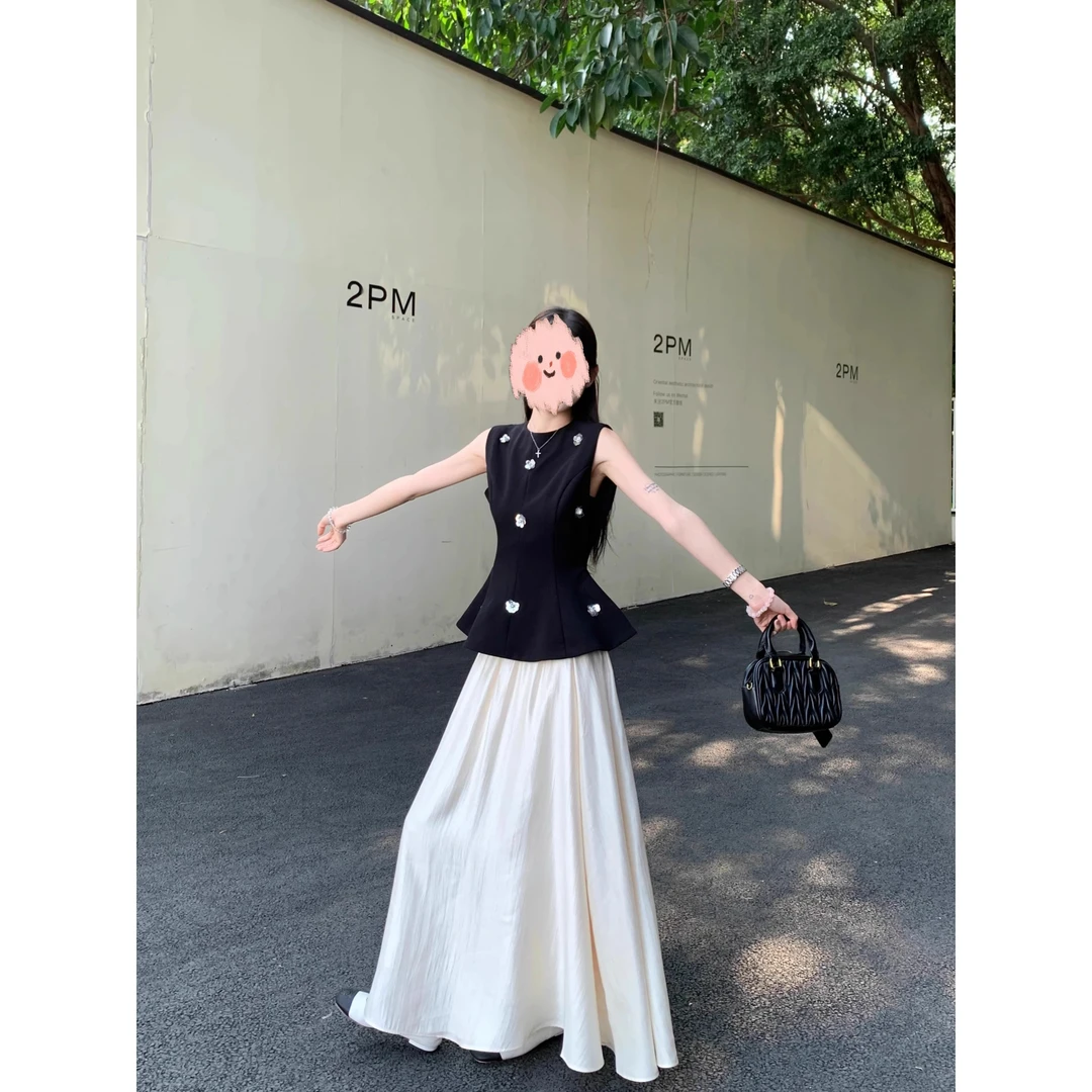 轻熟风手工钉珠花朵气质黑色背心女套装夏季宽松半身裙长裙两件套