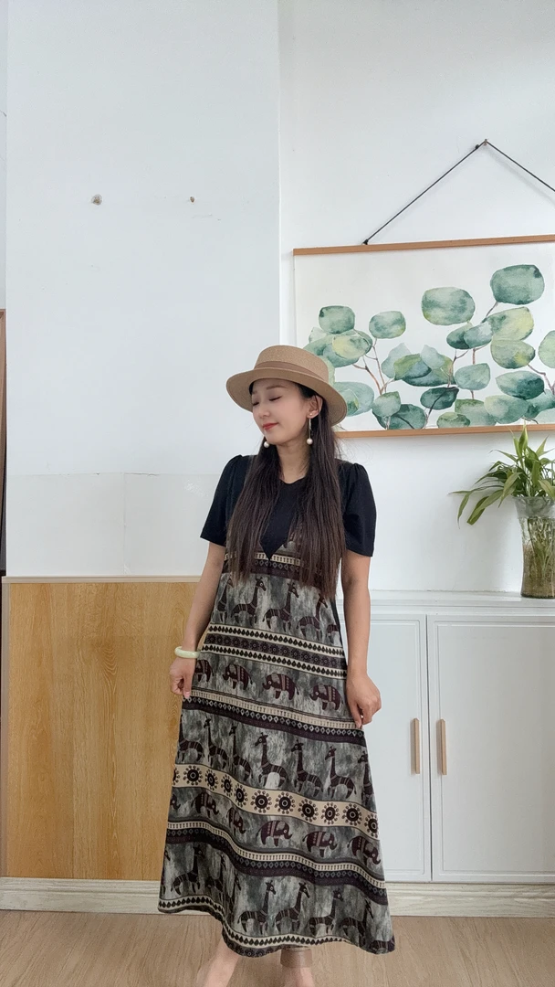 时尚复古宽松假两件圆领连衣裙夏季新款显瘦气质宽松优雅长款裙子